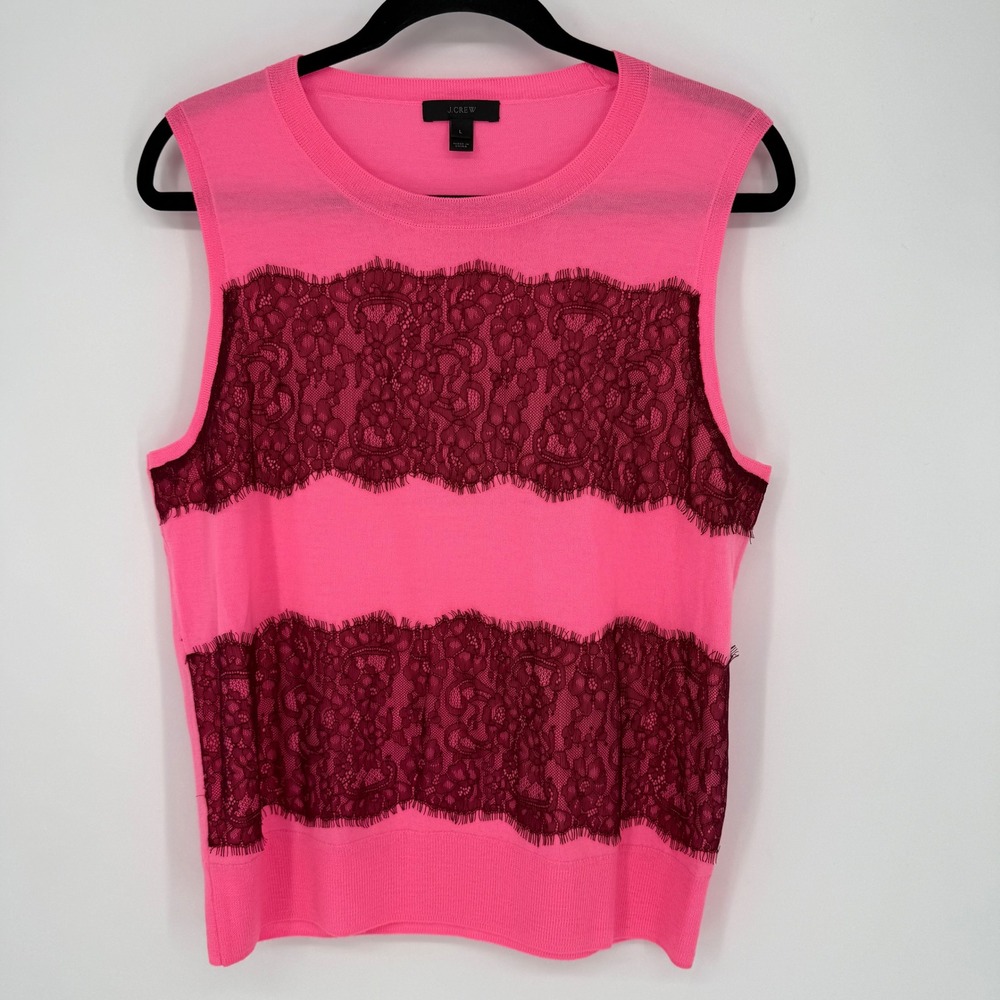 J CREW LACE AND 100% MERINO WOOL SLEEVELESS SWEATER VEST‎ LARGE PINK BURGUNDY